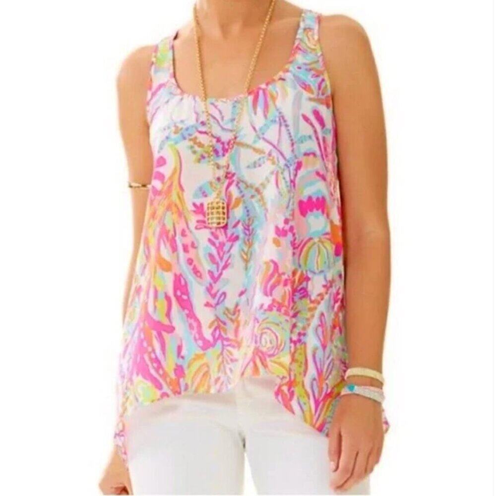 Lilly Pulitzer Sarina Scuba to Cuba Floral Sleeveless Silk Tank Top Blouse Women